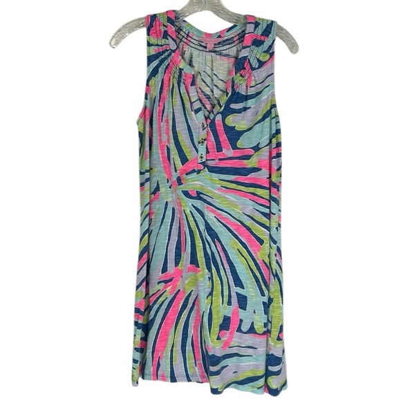 Lilly Pulitzer Essie Multi Beach Please Blue Pink Tropical Summer Tank Dress Med - Picture 2 of 15
